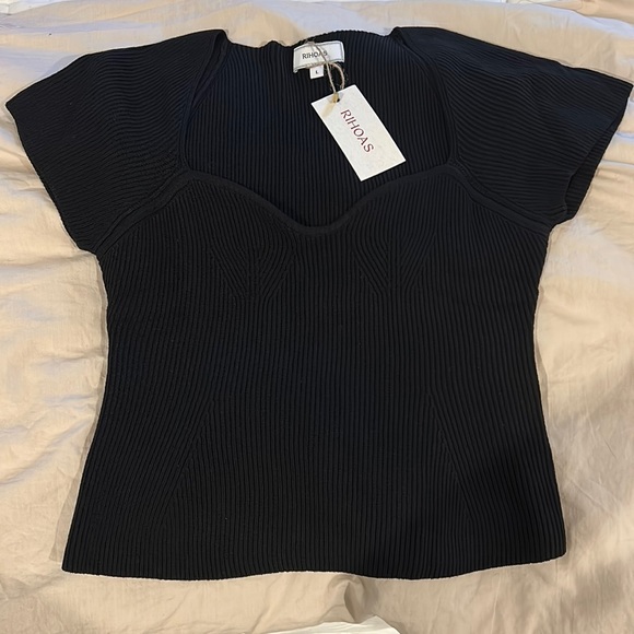 NEW Rihoas Black Ribknit sweetheart crop with tags, Large - Picture 2 of 7